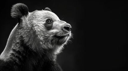 Sticker -   A serious-looking black and white image of a bear's face gazing upward at the camera