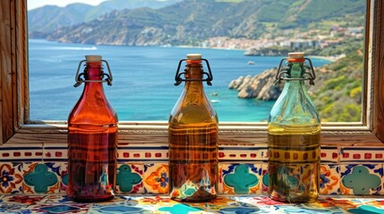 Wall Mural -   A few bottles on a window sill overlooking a body of water