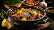 Feijoada typical classic carnival dishes. Traditional Brazilian food made with a hearty stew of black beans, pork and salt beef