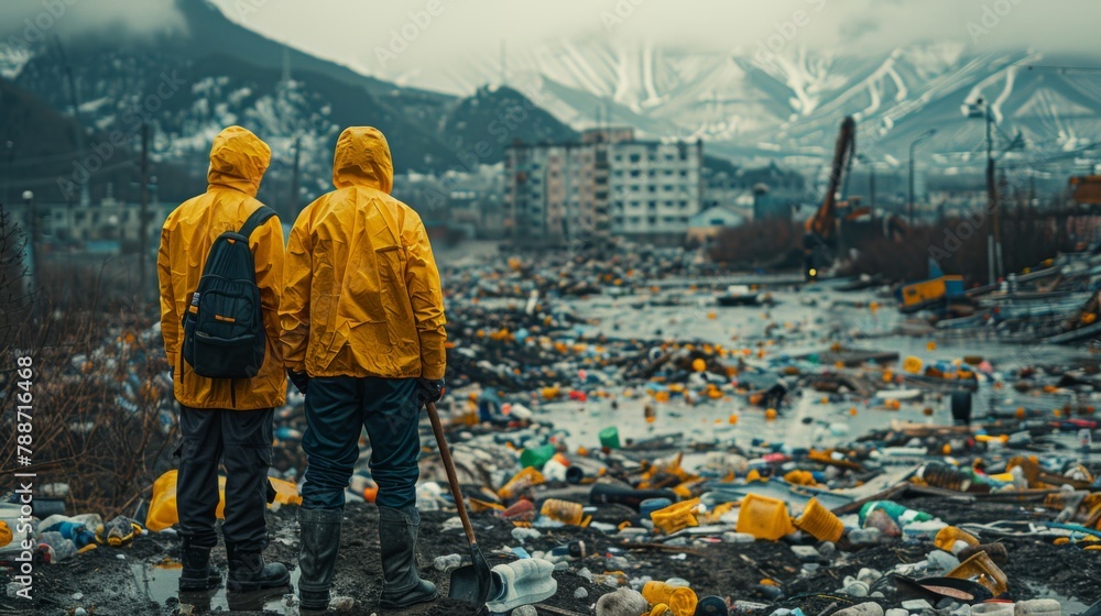 Against the backdrop of a sprawling landfill, two men clad in personal ...