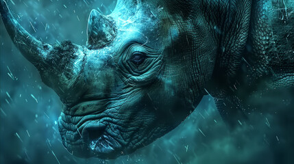 Poster -   A tight shot of a rhino's face, rain cascading down its wrinkled skin