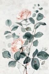 Wall Mural - light pink colour roses with leaves water colour white copy space background