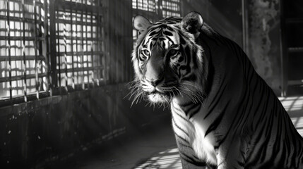 Sticker -   A monochrome image of a tiger posed in a room, its windowsill adorned with blinds