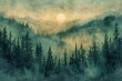 Atmospheric Layered Pine Forest Watercolor Landscape Generative AI