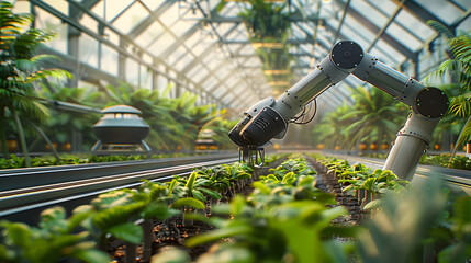 Wall Mural - robotic arm working within a sustainable greenhouse
