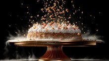   A Golden Platter Holds A Cake With White Frosting And Colorful Sprinkles Against A Backdrop Of Black