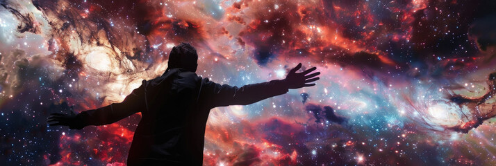 Wall Mural - silhouetted figure with arms outstretched against a vibrant backdrop of stars and nebulae