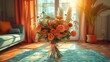   A bouquet of flowers rests on a table in a room The blue couch and orange drapes adorn the windowsill