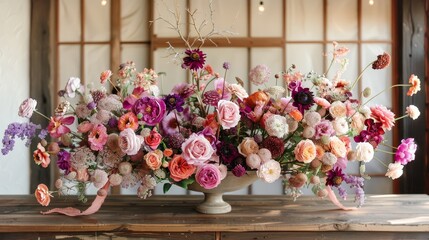 Sticker -   A vase, brimming with pink and purple blooms, sits atop a weathered wooden table Nearby, a wooden wall provides a rustic backdrop