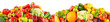 Wide panorama healthy fruits and vegetables separated by vertical lines on white