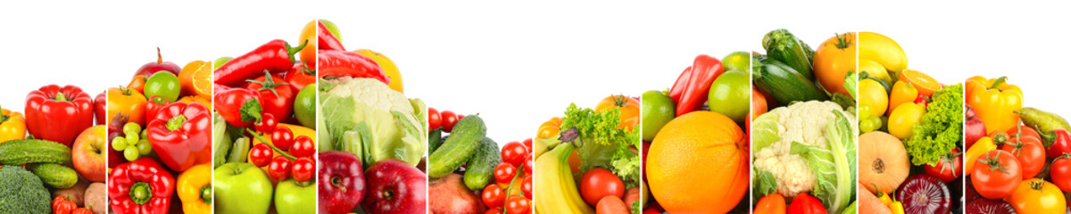 Sticker - Wide panorama healthy fruits and vegetables separated by vertical lines on white