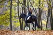 Young pretty girl riding horse in autumn park.