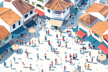 Wall Mural - Drone view of a bustling city square isolated vector style