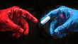This provocative artwork presents a powerful contrast with stylized red and blue hands reaching towards each other, a single capsule bridging the gap.