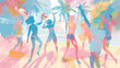 Vibrant beach volleyball match with dynamic brush strokes