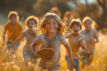 Canvas Print - Joyful kids tossing a frisbee in a sunny park, reveling in the freedom of outdoor play. Concept of recreational frisbee fun. Generative Ai.