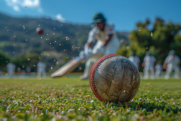 Canvas Print - Dynamic youths hitting cricket balls on a green pitch, showcasing technique and strategy in youth cricket matches. Concept of junior cricket competition. Generative Ai.