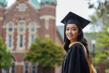 Wall Mural - female graduate standing on university building background