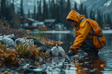 Poster - A community organizing a clean-up initiative to restore a polluted river to its former glory, promoting environmental stewardship. Concept of community environmental action. Generative Ai.