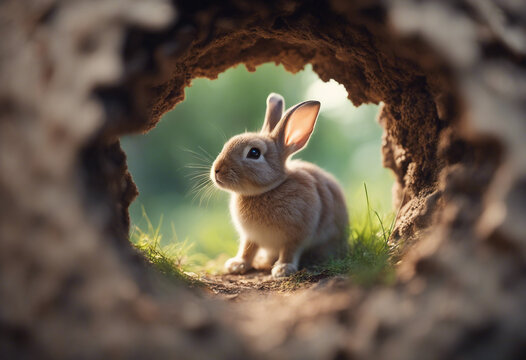 Little rabbit looks through a hole in earth