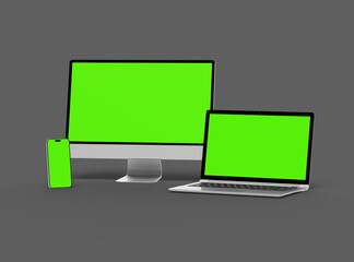 Render of desktop, laptop and smartphone with greenscreen on a dark background