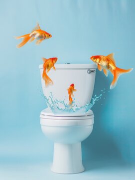 Goldfish jumping from the toilet in minimal bathroom light blue background