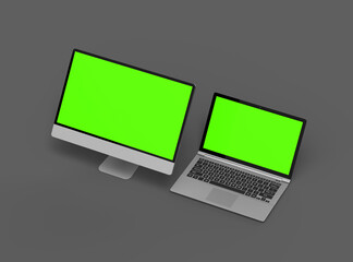 3d render of desktop and laptop with green screen on a dark background