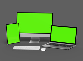 3d render of desktop, laptop and tablet with green screen on a dark background