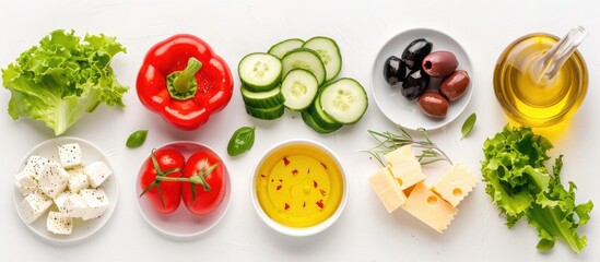 Wall Mural - Greek salad ingredients including red tomatoes, peppers, cheese, lettuce, cucumber, olives, and olive oil displayed on a white background.