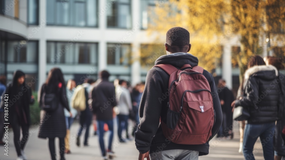 Black male student with a backpack at a university campus. Back view of ...