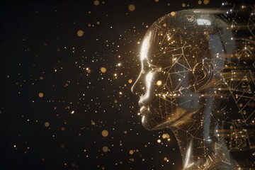 Fototapete - A Futuristic Digital Human Profile Surrounded by Golden Particles of Innovation, Generative AI
