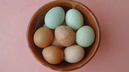 Sticker -   A bowl sits atop a pink surface, brimming with multihued eggs Behind, a pink wall serves as the backdrop