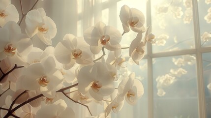 Poster -   A sunlit window frames a bouquet of white orchids Sunlight streams through the panes