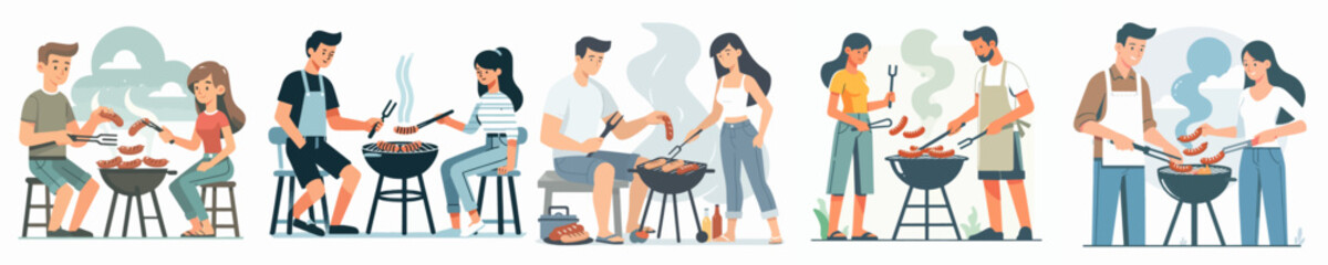 Canvas Print - vector set of couple grilled sausages in flat design style