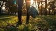 person wearing gloves and holding a trash bag, cleaning up litter in a park to promote environmental cleanliness and waste management.