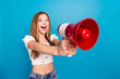 Photo of nice young girl loudspeaker empty space wear top isolated on blue color background