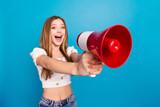 Fototapeta Panele - Photo of nice young girl loudspeaker empty space wear top isolated on blue color background