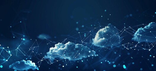 Wall Mural - Digital background featuring cloud technology, with glowing blue and white clouds on a dark navy background Generative AI