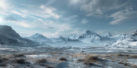 Wall Mural - Panoramic view of snow mountains range landscape. Generative AI.