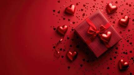 Canvas Print - A stunning gift box adorned with hearts placed artfully on a vibrant red backdrop set up in a flat lay style with room for text