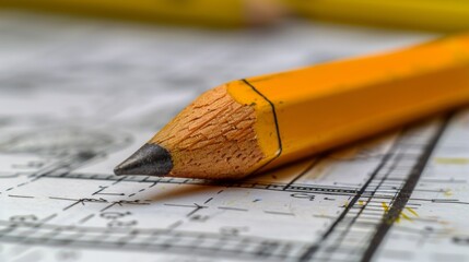 Poster - A close up of a pencil laying on top of some blueprints, AI