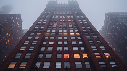 Canvas Print - A tall building with windows lit up in the fog, AI