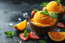 Refreshing Citrus Mango Sorbet In Coconut Bowls Garnished With Fresh Mint, Surrounded By Sliced Strawberries And Oranges On A Dark Textured Surface