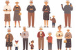 Aged people. Seniors together, with grandchildren and children, an elderly man and woman use phones and communicate. Grandparents in full growth vector icon, white background, black colour icon