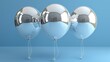   Three shiny balloons tied to a string against a blue backdrop A light blue wall present on both sides