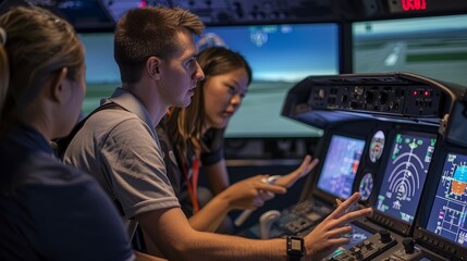 student pilots gather around a flight simulator in a control room, discussing strategies and procedu