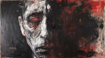 Wall Mural - A painting of a man with red eyes and black hair, AI