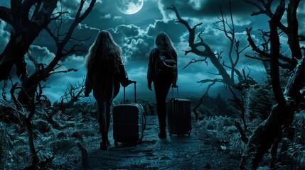 Canvas Print - A moonlit path leads a couple of girls carrying luggage to a house at night, shrouding the scene in eerie darkness.