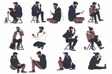 Wall Mural - Bearded friendly stocky man in various activities on a white background. The guy uses gadgets vector icon, white background, black colour icon