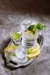 Various glasses on silver tray filled with cold drinks with ice, lemon, mint
